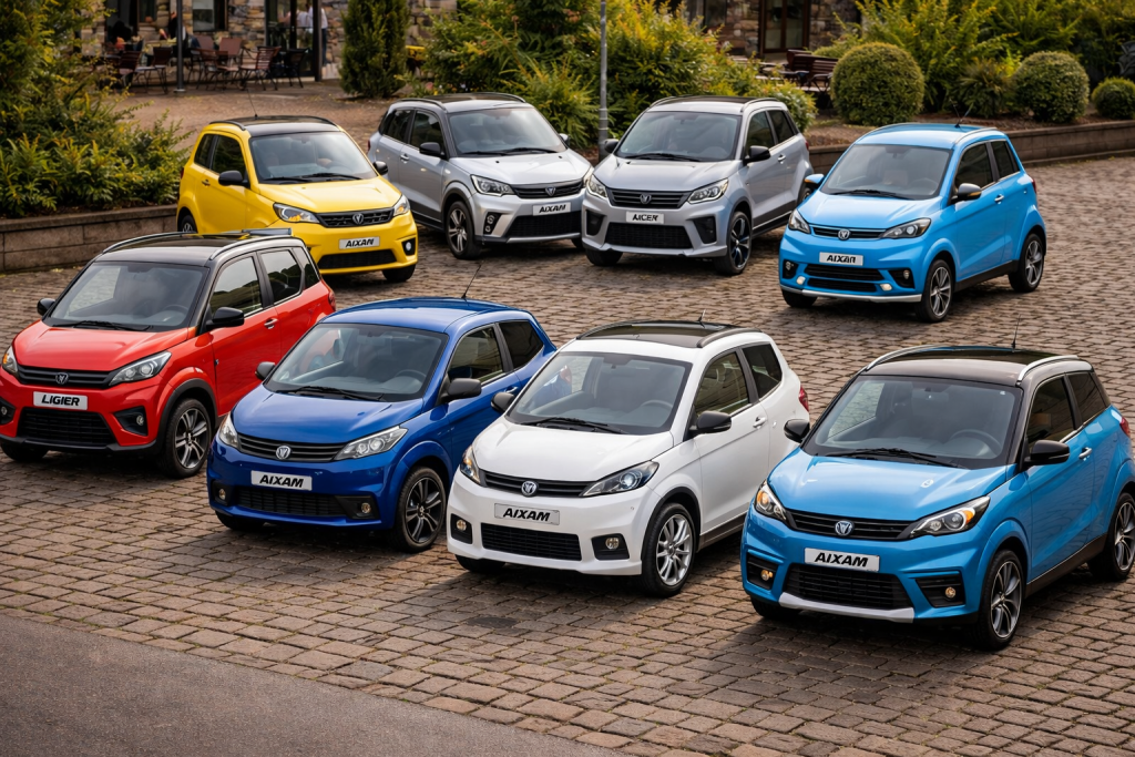 Microcoches modernos de Ligier y Aixam, incluidos JS50 y Aixam City, en varios colores en un entorno urbano.